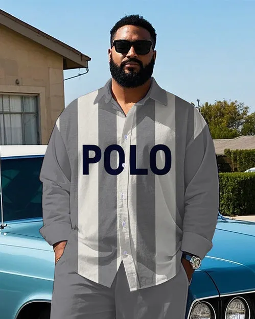 Big Guy's Simple Style POLO Letter with Gray & White Stripe Printed Long Sleeve Shirt Pants Set sold by Biggmans product image thumbnail 2