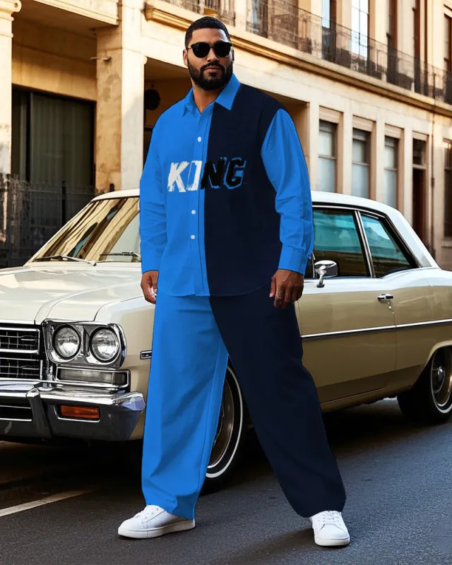 Big Guy's Simple Blue & Black Splicing Style POLO Artistic Letter Printed Long Sleeve Shirt Pants Set sold by Biggmans