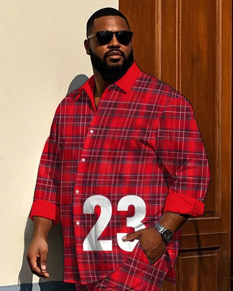 Big Men's Gentlemen Style 23 Red Plaid Printed Daily Casual Long Sleeve Shirt Pants Set sold by Biggmans product image thumbnail 2
