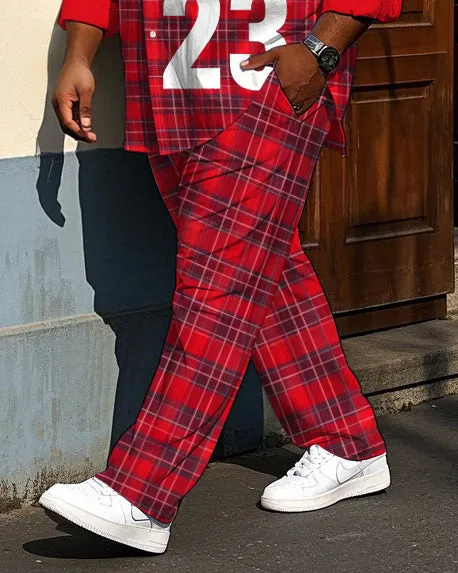 Big Men's Gentlemen Style 23 Red Plaid Printed Daily Casual Long Sleeve Shirt Pants Set sold by Biggmans product image thumbnail 3