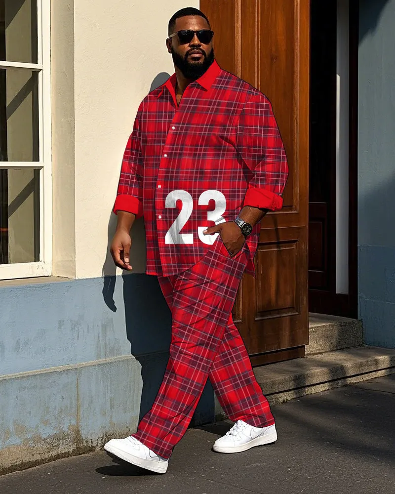 Big Men's Gentlemen Style 23 Red Plaid Printed Daily Casual Long Sleeve Shirt Pants Set sold by Biggmans