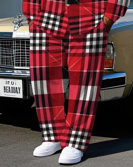 Men's Simple Fashion Red Plaid Printed Daily Casual Big & Tall Long Sleeve Shirt Pants Set sold by Biggmans product image thumbnail 3
