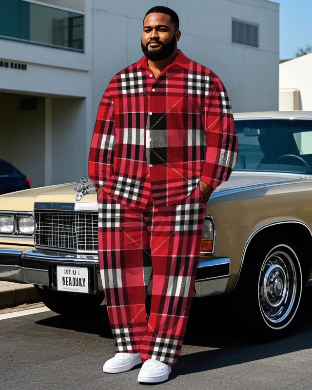 Men's Simple Fashion Red Plaid Printed Daily Casual Big & Tall Long Sleeve Shirt Pants Set sold by Biggmans