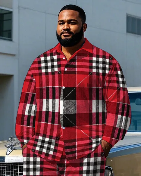 Men's Simple Fashion Red Plaid Printed Daily Casual Big & Tall Long Sleeve Shirt Pants Set sold by Biggmans product image thumbnail 2