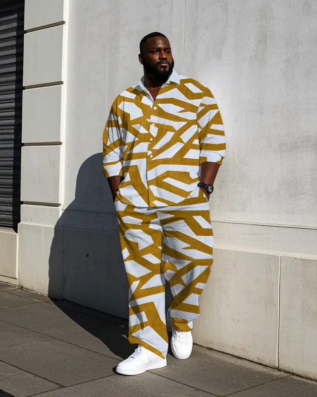 Big Men's Classic Geometric Yellow Branch Printed Casual Long Sleeve Shirt Pants Set sold by Biggmans