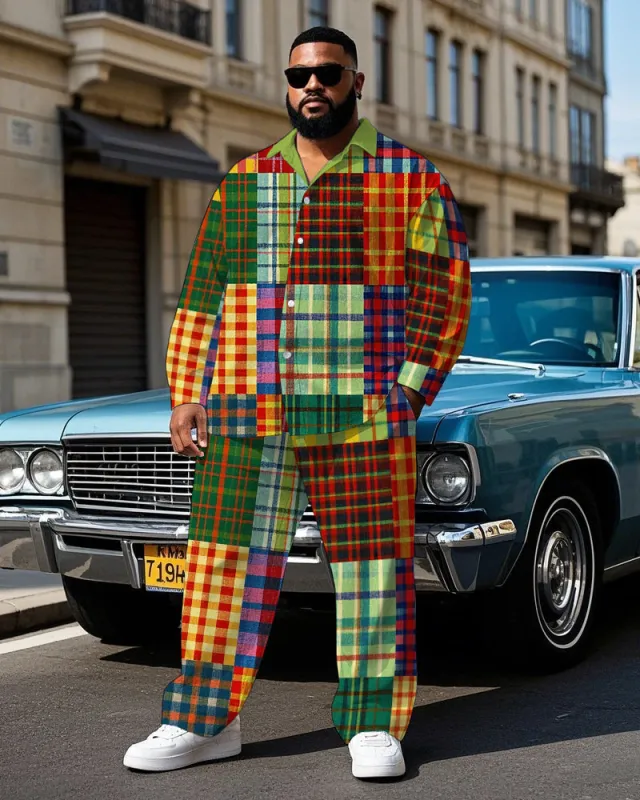 Men's Colorful Plaid Splicing Style Daily Casual Big & Tall Long Sleeve Shirt Pants Set sold by Biggmans