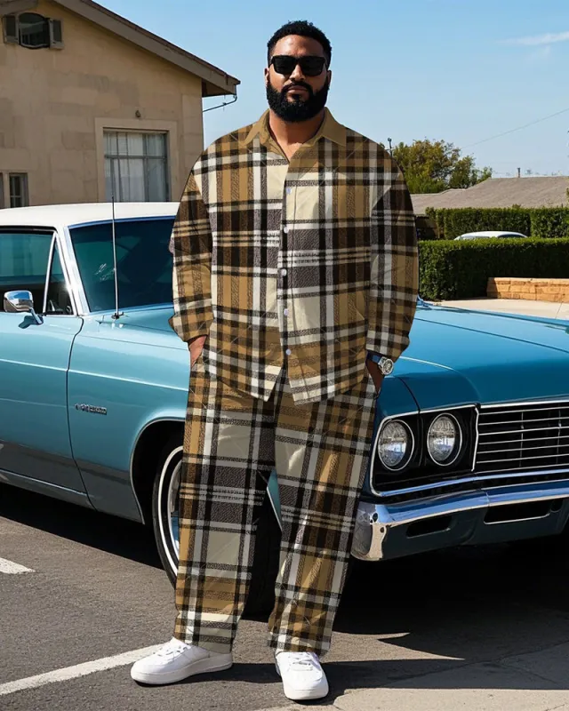 Men's Big & Tall Casual Retro Brown Plaid All Over Printed Long Sleeve Shirt Pants Set sold by Biggmans