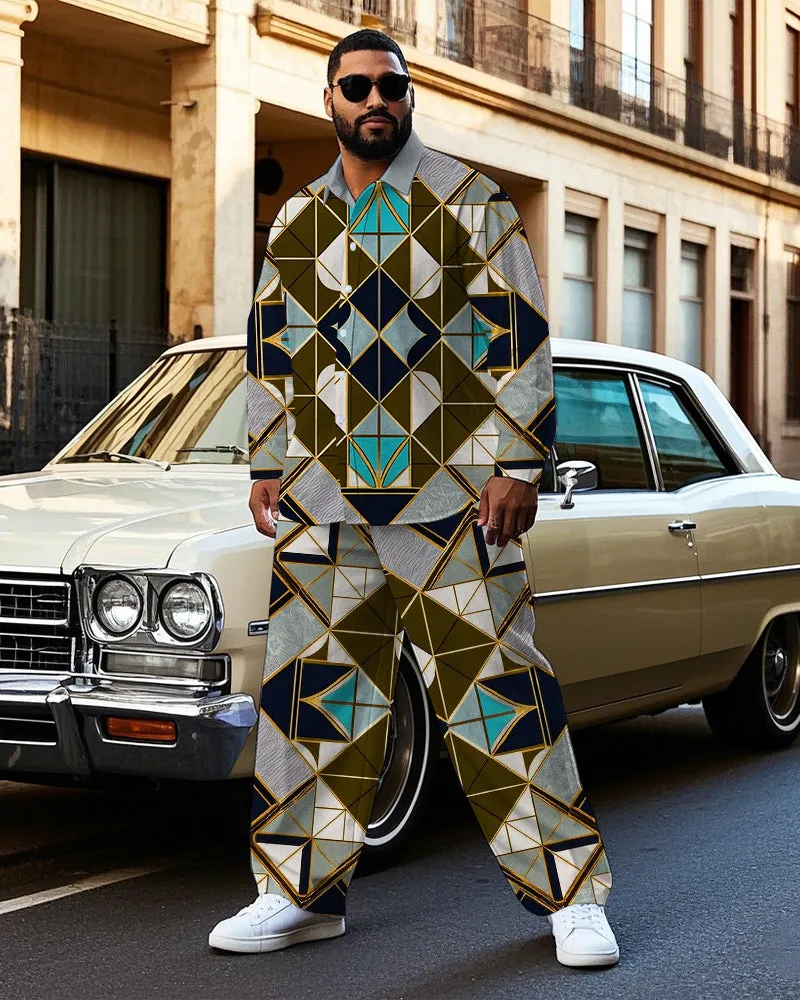Men's Big & Tall Vintage Geometric Square Printed Outdoor Casual Long Sleeve Shirt Pants Set sold by Biggmans