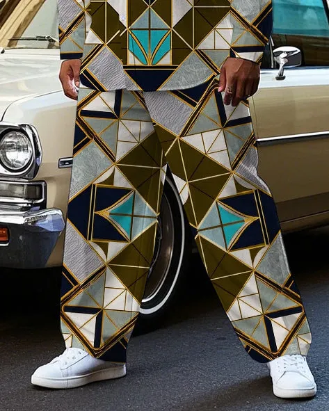 Men's Big & Tall Vintage Geometric Square Printed Outdoor Casual Long Sleeve Shirt Pants Set sold by Biggmans product image thumbnail 3