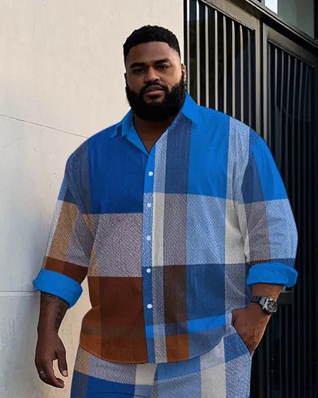 Men's Big Size Daily Casual Abstract Retro Blue Plaid Printed Long Sleeve Shirt Pants Set sold by Biggmans product image thumbnail 2
