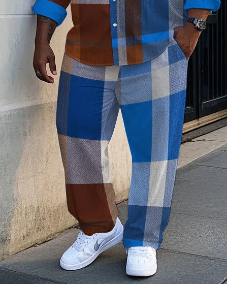 Men's Big Size Daily Casual Abstract Retro Blue Plaid Printed Long Sleeve Shirt Pants Set sold by Biggmans product image thumbnail 3
