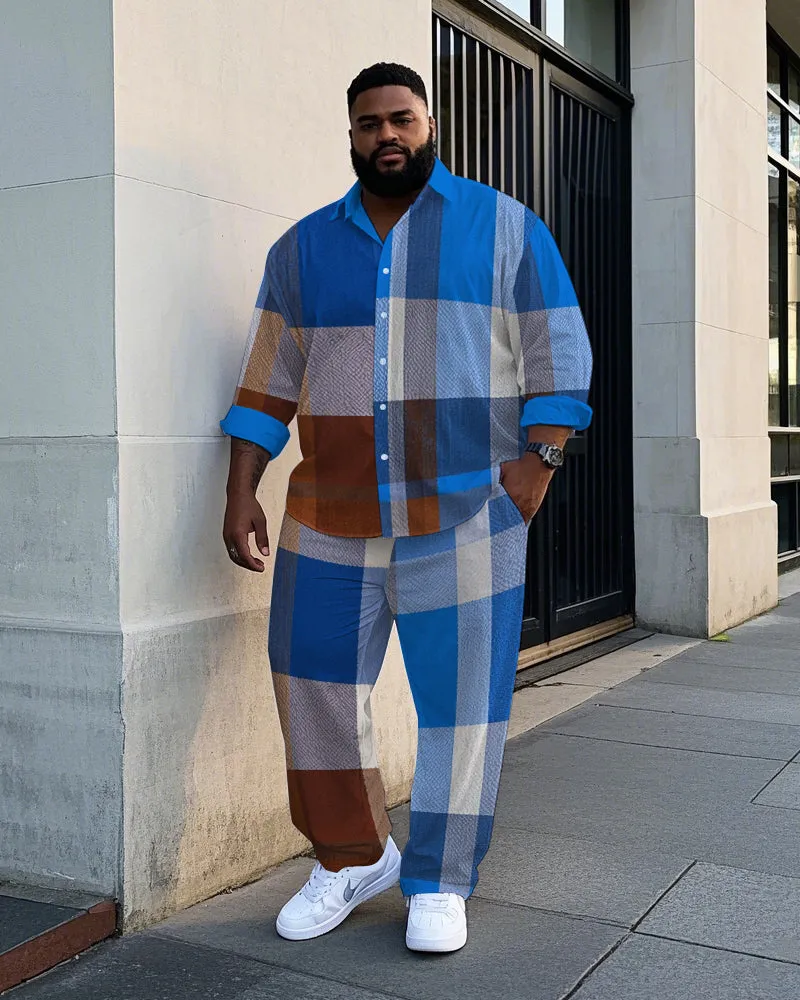Men's Big Size Daily Casual Abstract Retro Blue Plaid Printed Long Sleeve Shirt Pants Set sold by Biggmans