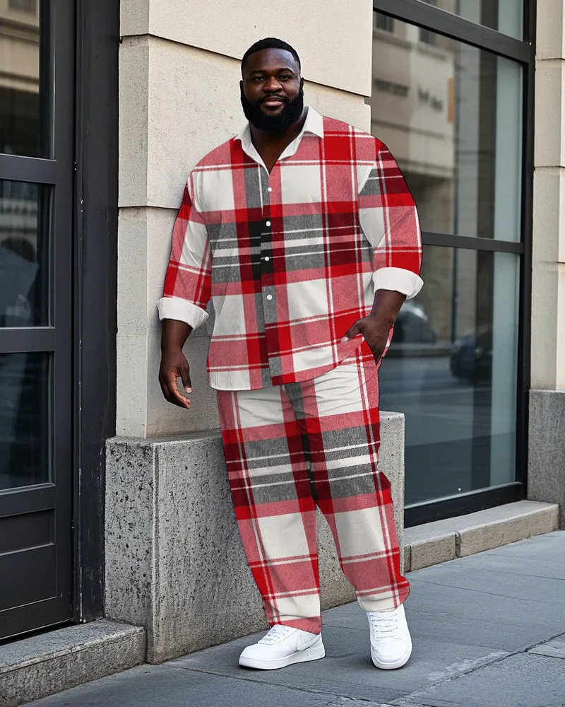 Big Men's Classic Black & Red Plaid Printed Casual Business Long Sleeve Shirt Pants Set sold by Biggmans