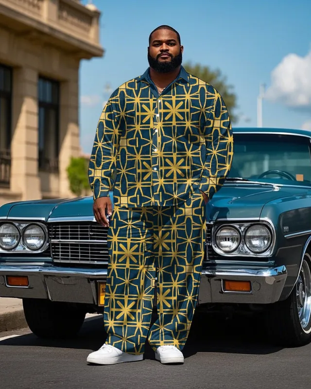 Men's Big & Tall Vintage Geometric Pattern Printed Casual Long Sleeve Shirt Pants Set sold by Biggmans