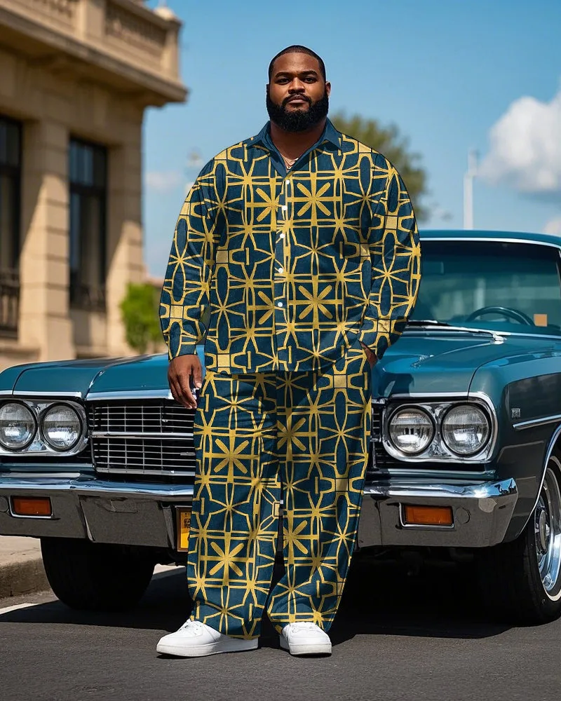 Men's Big & Tall Vintage Geometric Pattern Printed Casual Long Sleeve Shirt Pants Set sold by Biggmans