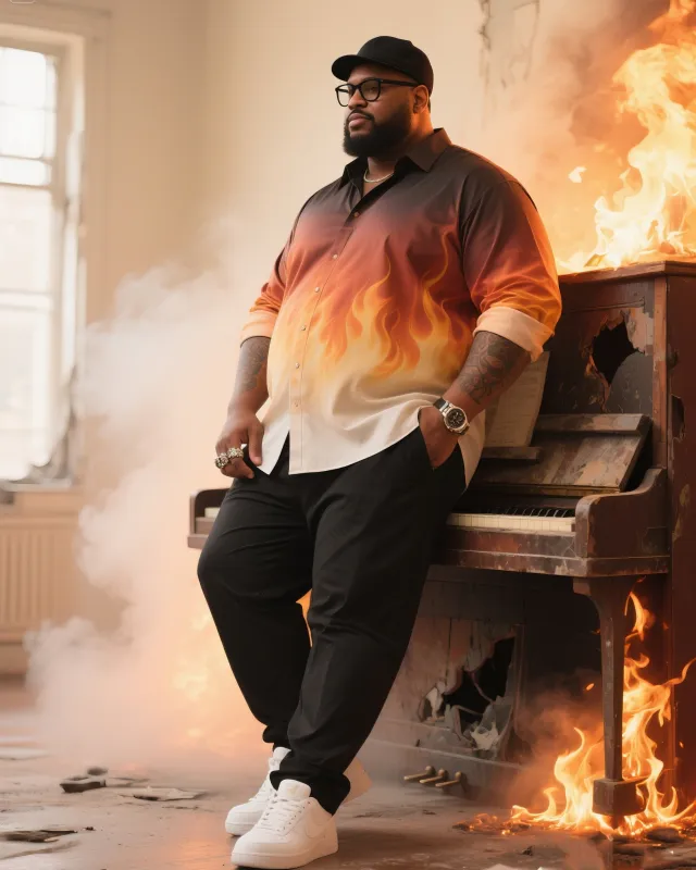 Big Boy Essential 2025 Fashion Fashion High Sense Art Flame Long Sleeve Shirt Trousers Suit sold by Biggmans