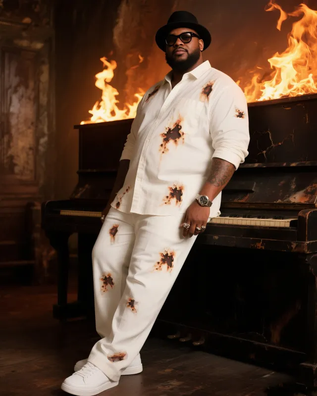 Big Boy Essential 2025 Fashion Art Flame Burn Mark Long Sleeve Shirt Trousers Suit sold by Biggmans