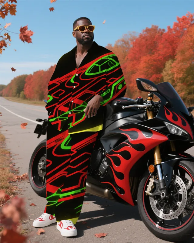 Big Men's Casual Fashion Cool Spaceship Printed Long Sleeve Shirt Pants 2-Piece Set sold by Biggmans