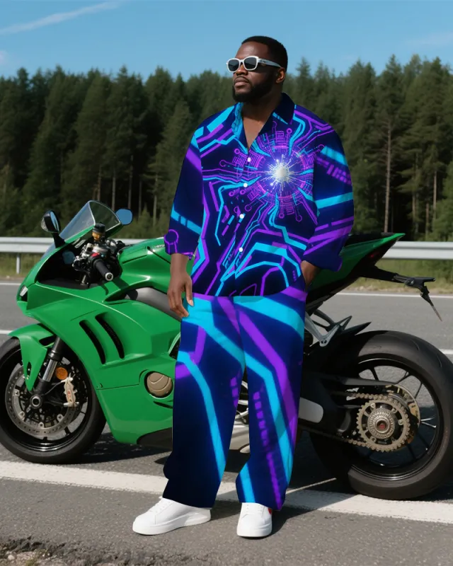 Big Men's Modern Abstract Cool Radiation Lightning Printed Casual Long Sleeve Shirt and Pants Set sold by Biggmans