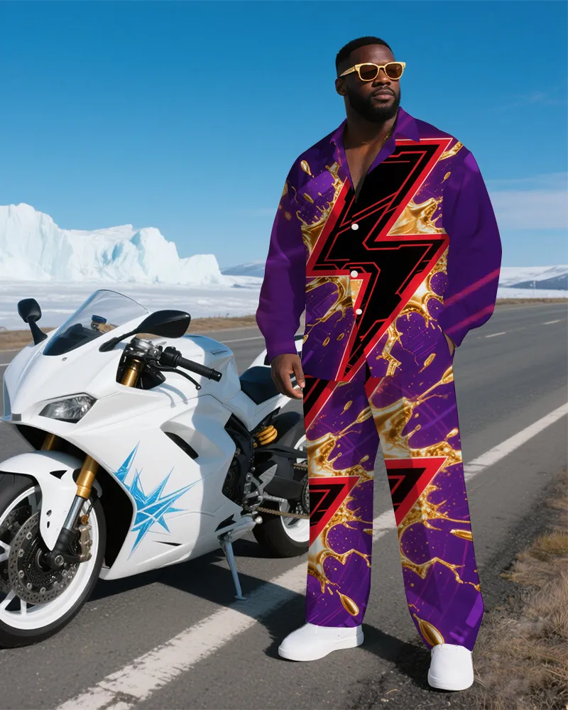 Big Men's Daily Casual Bursting Lightning Abstract Printed Long Sleeve Shirt Pants 2-Piece Set sold by Biggmans