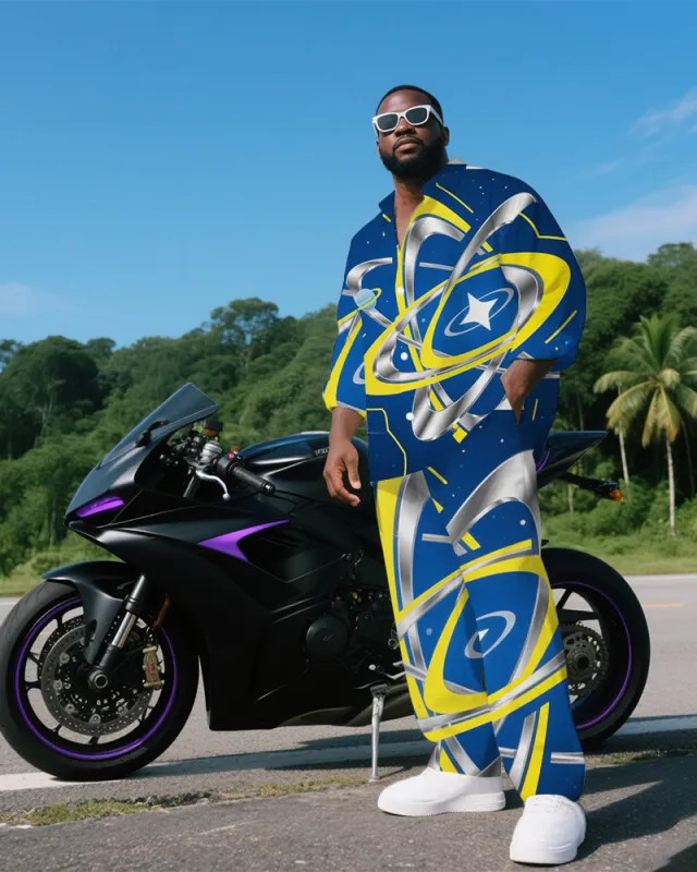 Big Guy's Daily Casual Abstract Planet Orbit Printed Long Sleeve Shirt and Pants Set sold by Biggmans