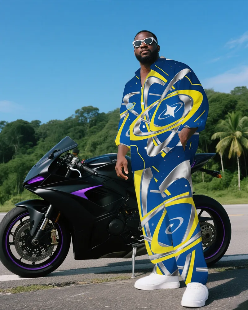 Big Guy's Daily Casual Abstract Planet Orbit Printed Long Sleeve Shirt and Pants Set sold by Biggmans