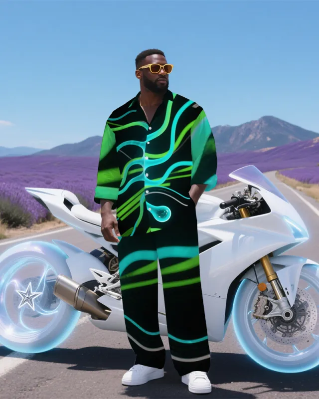 Big Men's Abstract Gradient Cell Printed Long Sleeve Shirt Pants 2-Piece Set sold by Biggmans