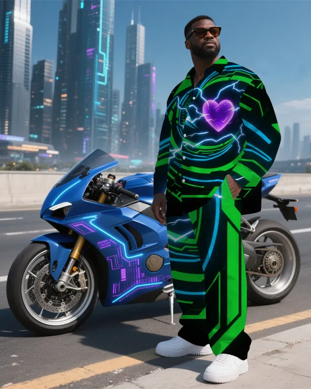 Big Men's Abstract Burst Lightning Heart Printed Long Sleeve Shirt Pants 2-Piece Set sold by Biggmans