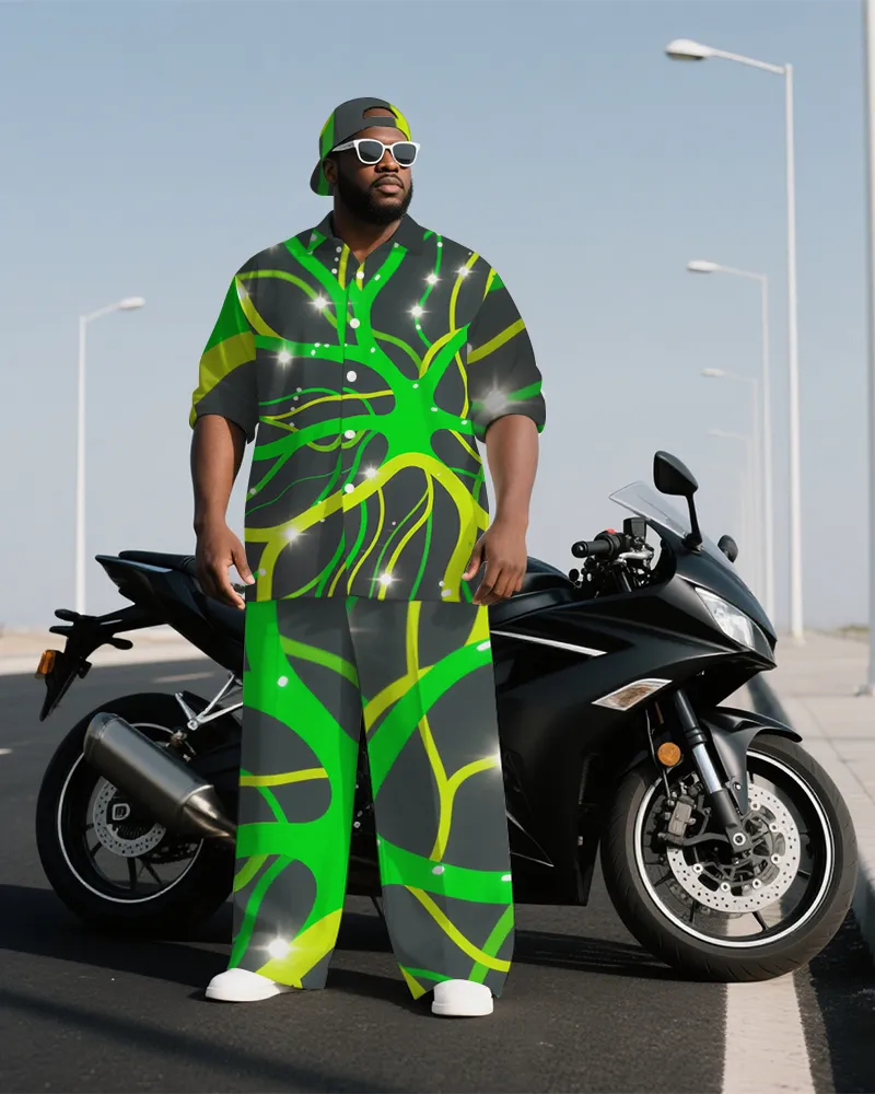 Big Men's Technological Abstract Vein Printed Modern Fashion Long-Sleeve Shirt and Pants Set sold by Biggmans