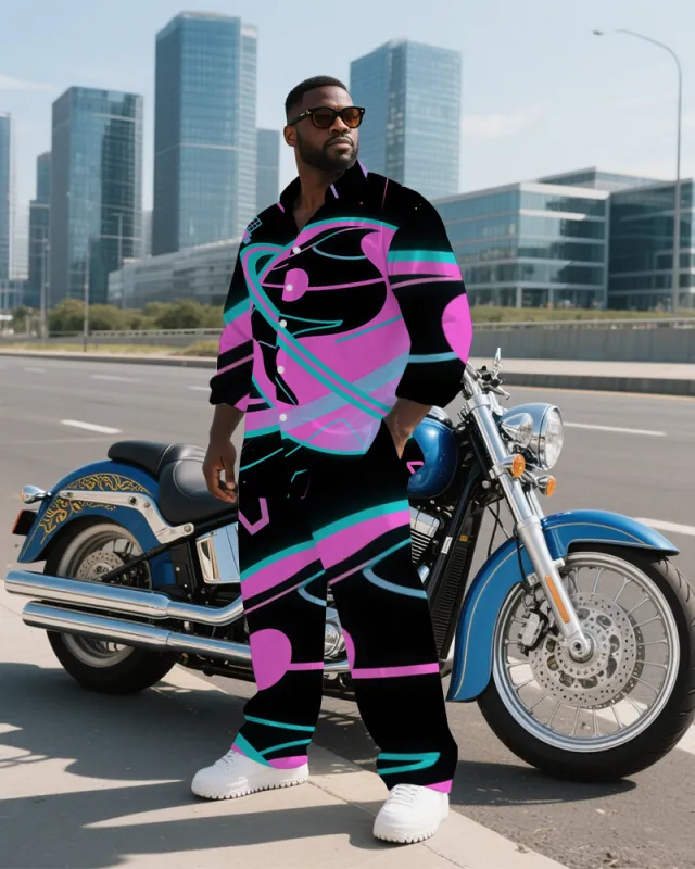 Big Guy's Abstract Planet Technological Theme Casual Long Sleeve Shirt and Pants Set sold by Biggmans