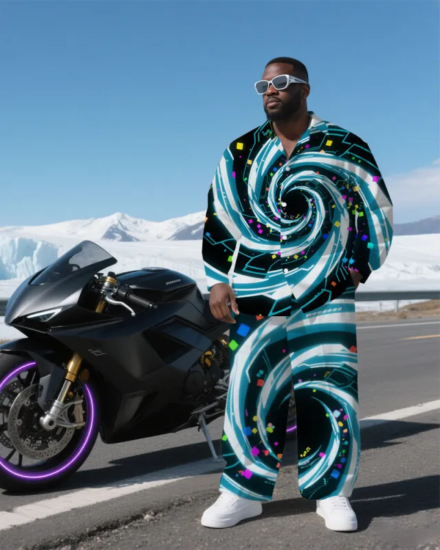 Big Guy's Abstract Vortex Technological Theme Daily Casual Long Sleeve Shirt and Pants Set sold by Biggmans