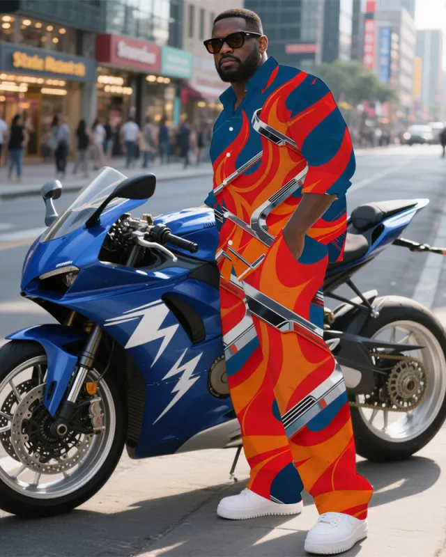 Big Guy's Abstract Fire with Machine Technological Printed Long Sleeve Shirt and Pants Set sold by Biggmans