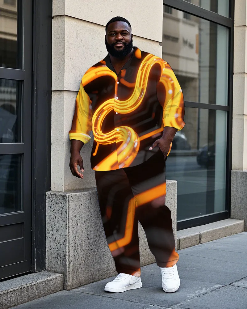 Big Men's Daily Casual Abstract 3D Metal Cable Printed Long Sleeve Shirt Pants Set sold by Biggmans