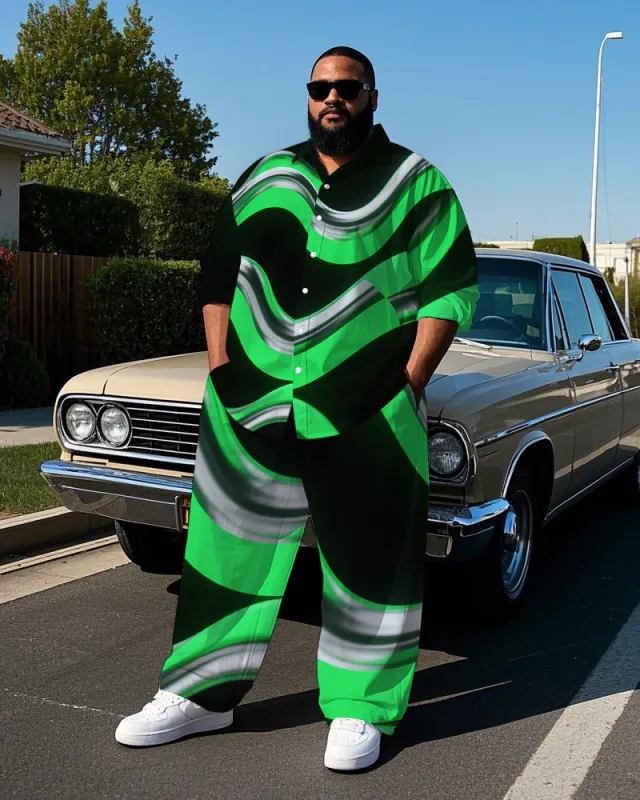 Men's Abstract Stripes Splicing Style Casual Big and Tall Long Sleeve Shirt Pants 2-Piece Set sold by Biggmans