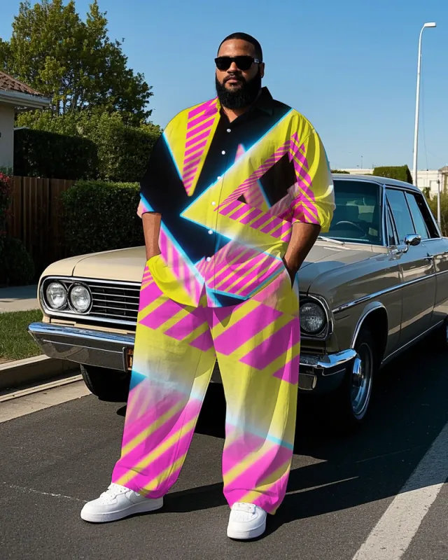 Big Guy's Abstract Artistic Geometric Pattern Theme Casual Long Sleeve Shirt Pants Set sold by Biggmans