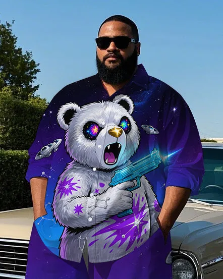 Big & Tall Men's Fashion Starry Sky Bear with Gun Printed Lapel Long Sleeve Shirt Pants Set sold by Biggmans product image thumbnail 2