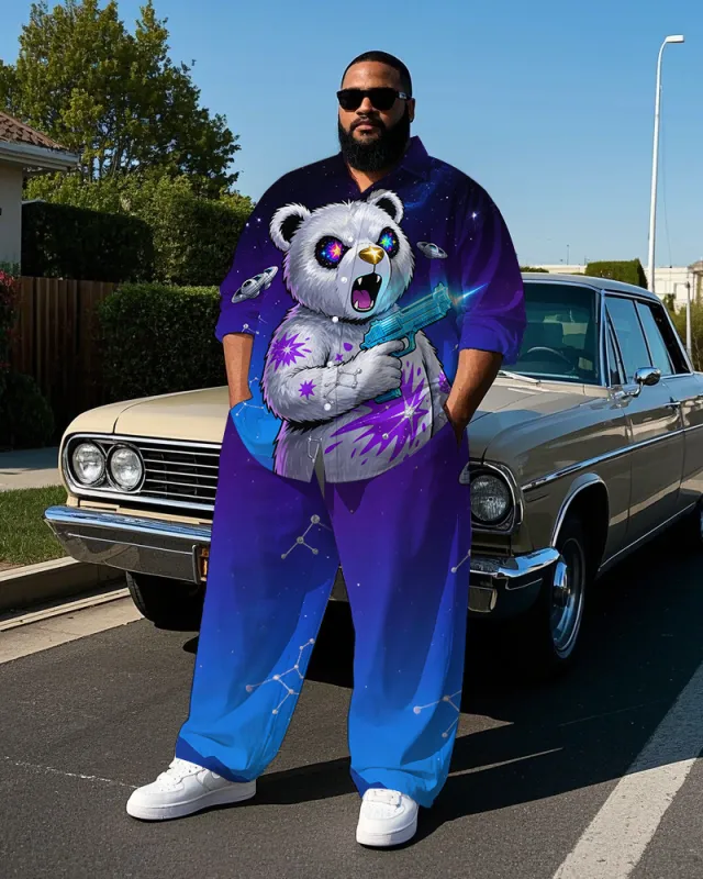 Big & Tall Men's Fashion Starry Sky Bear with Gun Printed Lapel Long Sleeve Shirt Pants Set sold by Biggmans
