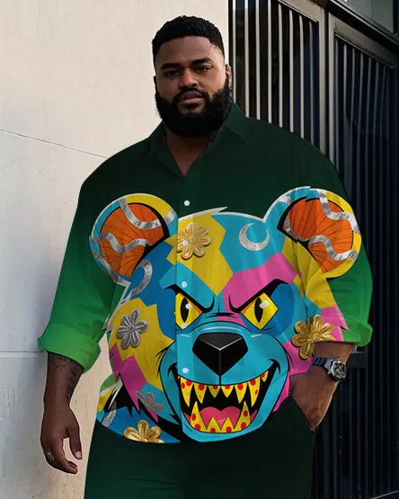 Big Guy's Casual Cartoon Bear Graffiti Gradient Effect Lapel Long Sleeve Shirt Pants Set sold by Biggmans product image thumbnail 2