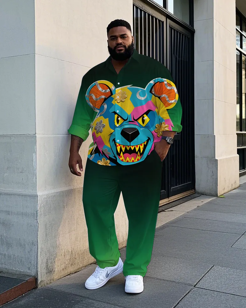 Big Guy's Casual Cartoon Bear Graffiti Gradient Effect Lapel Long Sleeve Shirt Pants Set sold by Biggmans