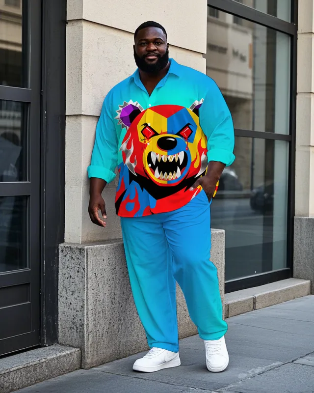 Big Men's Casual Fierce Splicing Bear Theme Gradient Effect Long Sleeve Shirt Pants Set sold by Biggmans