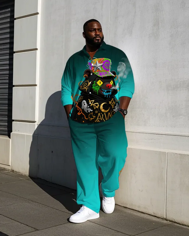 Big Guy's Casual Fierce Bear Theme Graffiti Bear Gradient Effect Long Sleeve Shirt Pants Set sold by Biggmans