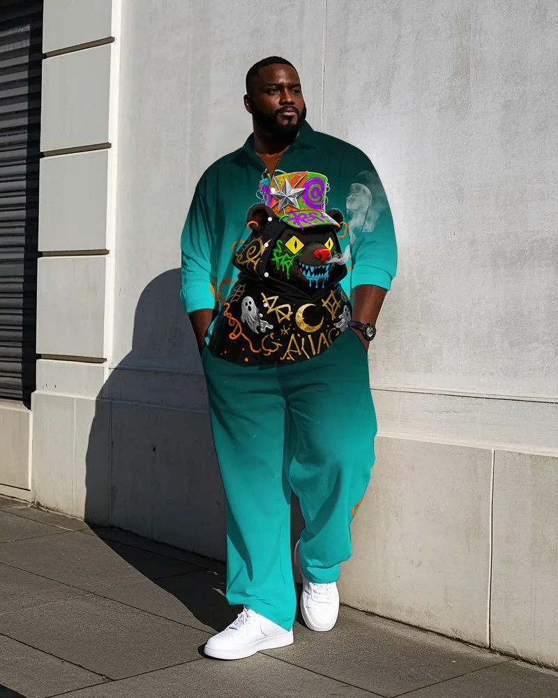 Big Guy's Casual Fierce Bear Theme Graffiti Bear Gradient Effect Long Sleeve Shirt Pants Set sold by Biggmans