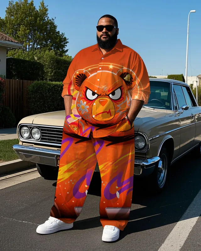Big and Tall Men's Fashion Serious Bear Graffiti Printed Lapel Long Sleeve Shirt Pants Set sold by Biggmans