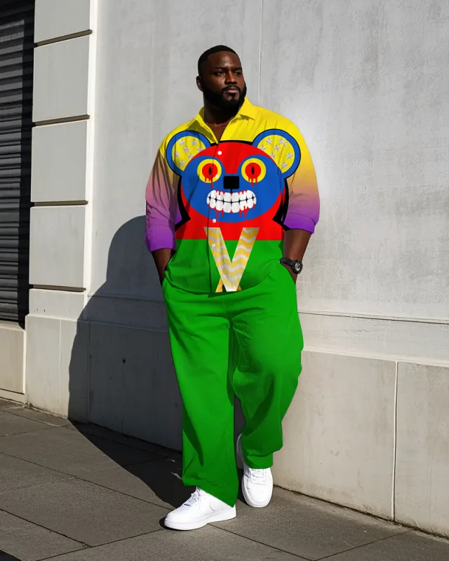 Big Men's Casual Fierce Bear Theme Street Fashion Gradient Effect Long Sleeve Shirt Pants Set sold by Biggmans