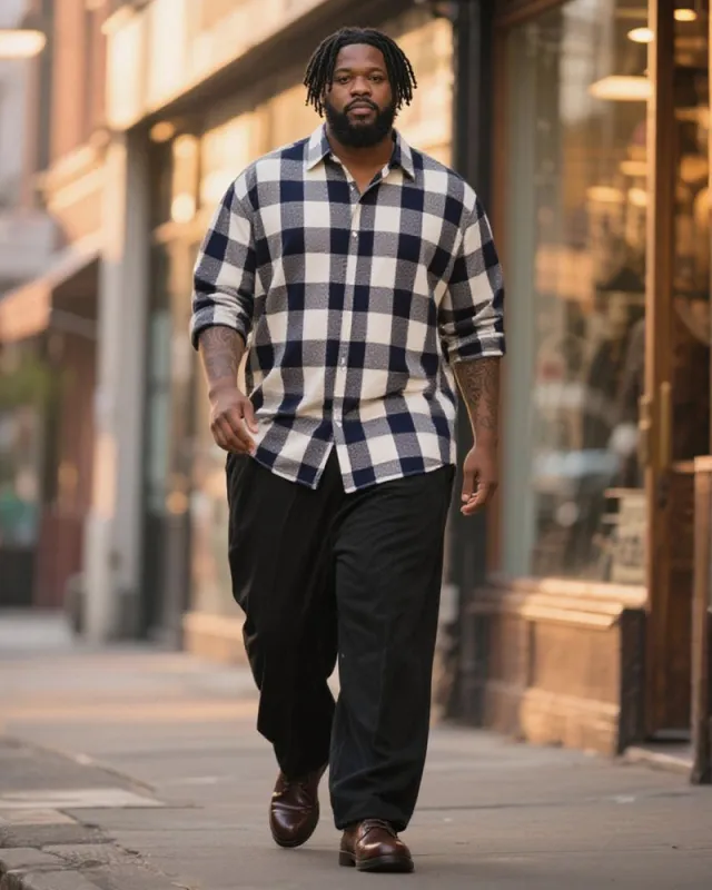 Big & Tall Men's Business Dark Blue Check Printed Long Sleeve Shirt Trousers Suit sold by Biggmans