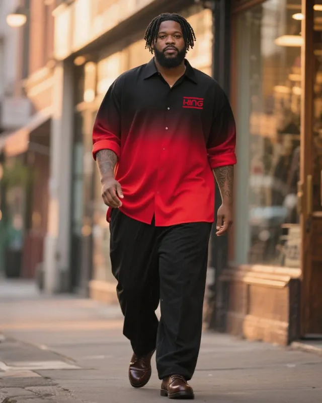Big & Tall Men's Business Black And Red Gradual King Letter Printing Long Sleeve Shirt Pants Suit sold by Biggmans