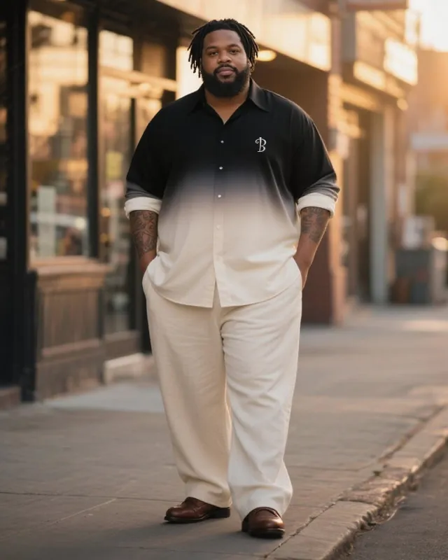 Big & Tall Men's Business Black Apricot Gradient B Letter Printed Long Sleeve Shirt Trousers Suit sold by Biggmans