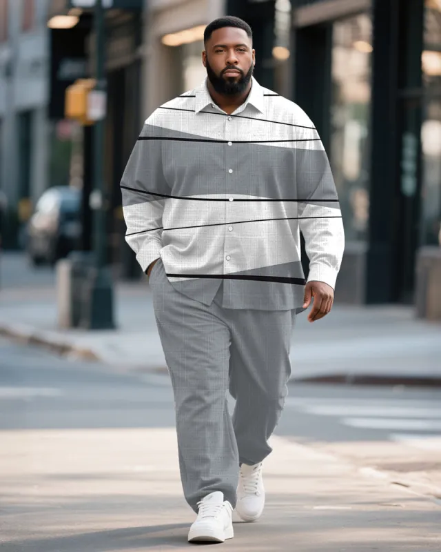 Big & Tall Men's Business Grey Colorblock Geometric Print Bamboo Hemp Texture Long Sleeve Shirt Trousers Suit sold by Biggmans