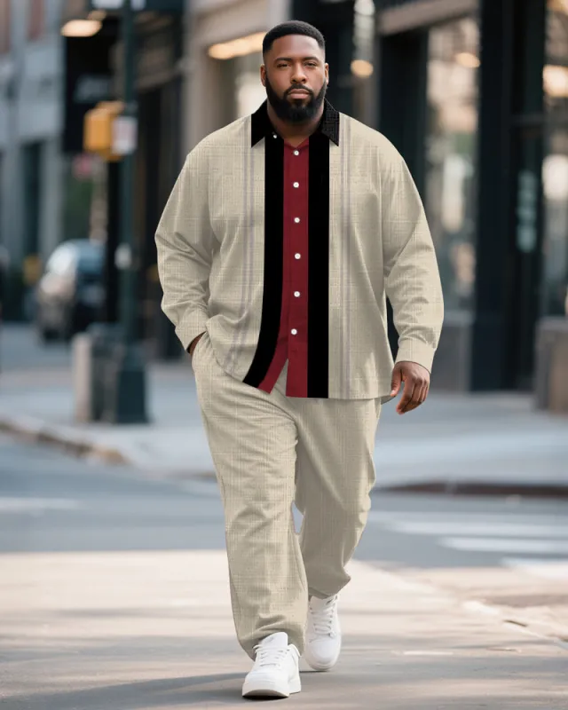 Big & Tall Men's Business Khachi Striped Print Bamboo Hemp Texture Long Sleeve Shirt Trousers Suit sold by Biggmans