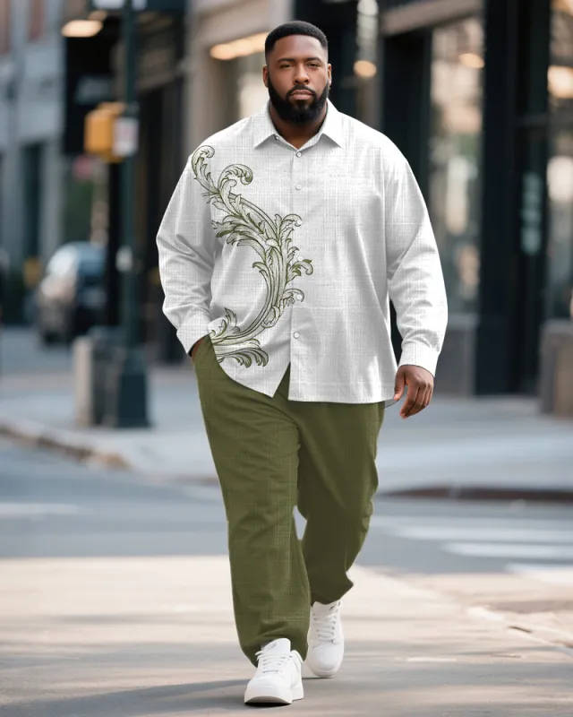 Big & Tall Men's Business Green Vintage Pattern Print Bamboo Hemp Texture Long Sleeve Shirt Trousers Suit sold by Biggmans